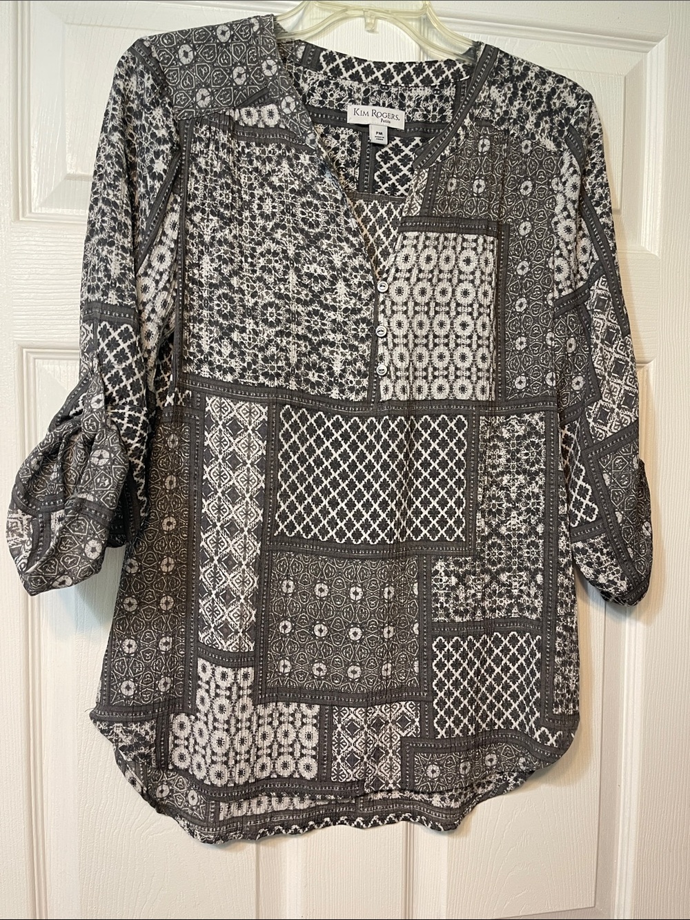 Kim Rogers Gray & White Patchwork Print Tunic Blouse sz PM